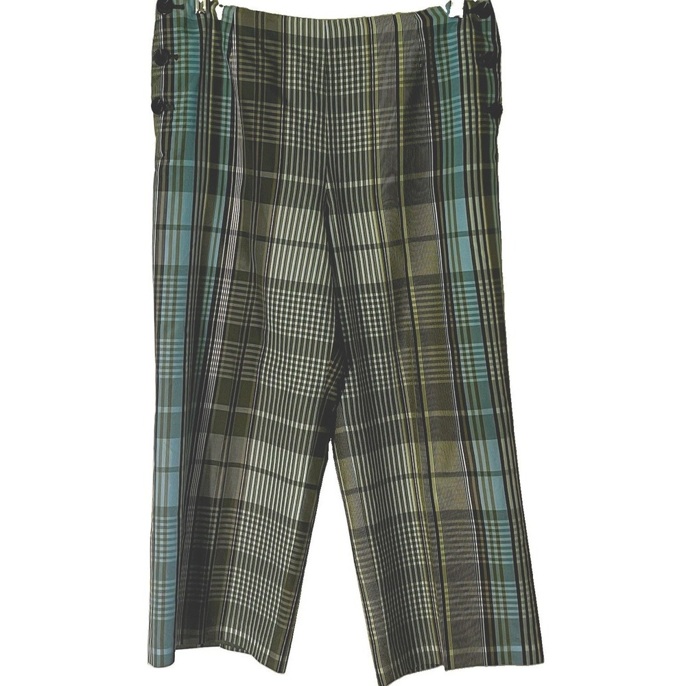 Talbots Women 12P‎ Silk Blend Plaid Cropped Pants Green Aqua Side Button